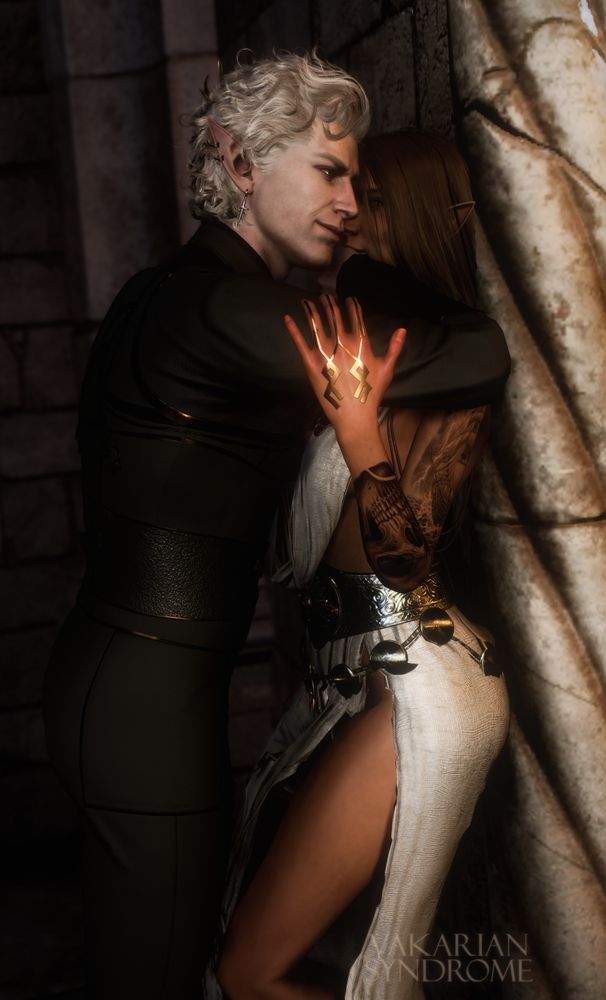 Astarion leans in closer, still holding a hand over Adelaide's mouth. His expression is full of mischief. Adelaide's hand is wrapped around his bicep, pulling him closer.