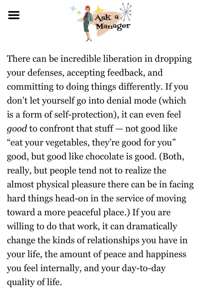 Long quote from the linked article. “There can be incredible liberation in dropping your defenses…”