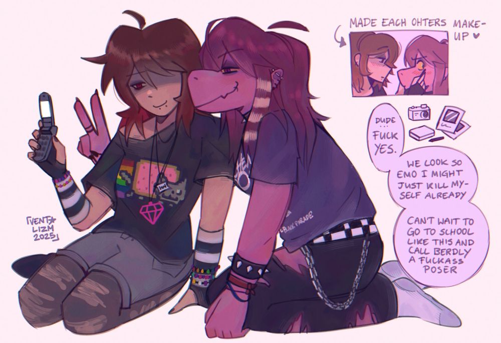 fanart depicting kris and susie from deltarune with emo/scene outfits from the 2000s. kris holds a flip phone backwards for a selfie with susie, who is leaning onto their neck with a smile. susie is wearing a mcr black parade shirt while kris is wearing a shirt with nyan cat on it. a small comic panel to the right depicts kris doing the makeup for susie, who is looking away while blushing. the text underneath it says "dude... fuck yes" "we look so emo i might just kill myself already" "can't wait to go to school like this and call berdly a fuckass poser".
