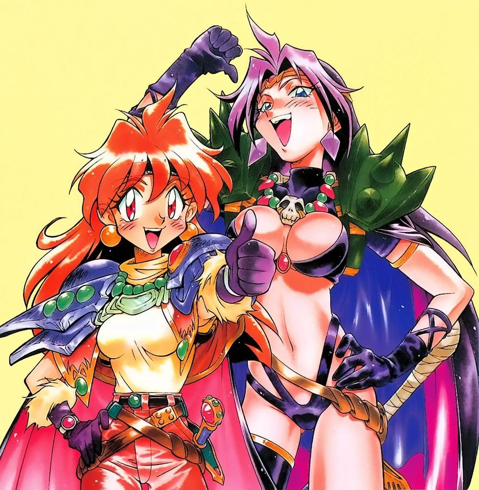 Lina and Naga from Slayers.  They are wearing giant, sexy pauldrons.
