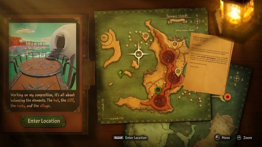 The video game Locator - a Geoguessr puzzle game set on an alien planet.  Screen shows a table with maps and photos. 