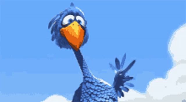 a blue bird with an orange beak is standing in a blue sky