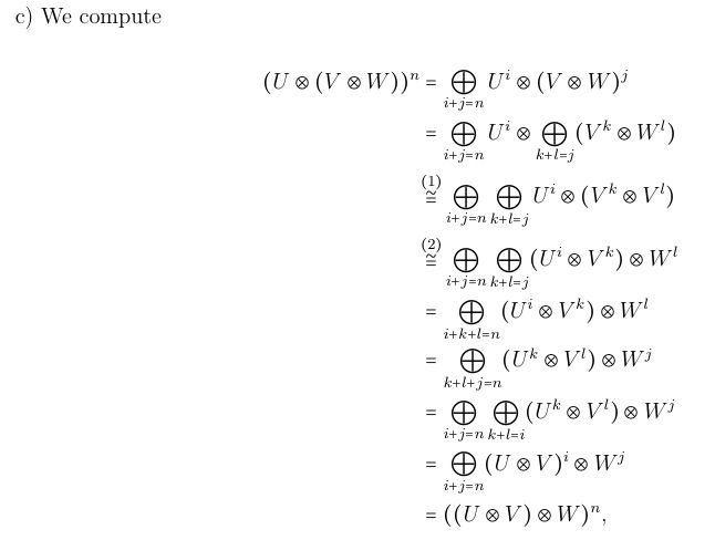 Ausschnitt aus einer Lösung zu einer Aufgabe, in der man zeigen soll, dass das Tensorprodukt in der Kategorie der graded k-Vector Spaces (mir fällt keine passende Übersetzung ein) assoziativ ist. 