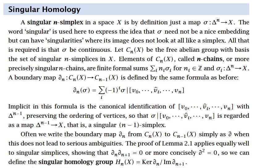 Auszug aus "Algebraic Topology" von A. Hatcher. Der abgebildete Text ist der Anfang des Abschnitts "Singular Homology" aus dem Kapitel "Homology", in dem die singulären Homologiegruppen eines topologischen Raums definiert werden. 