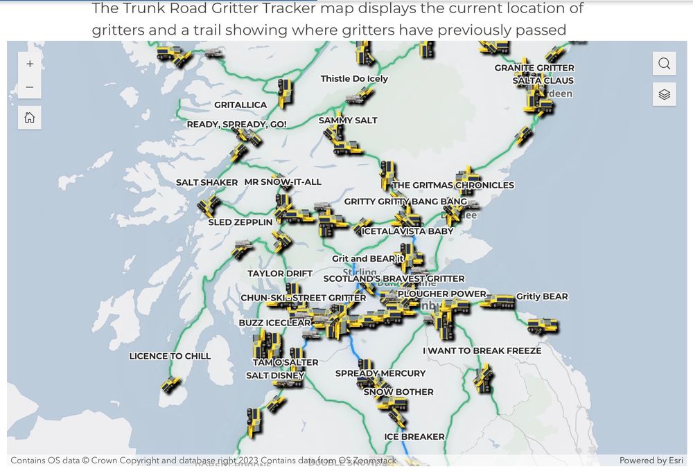 Map of Scotland showing mini gritter icons with various names, such as Buzz Iceclear, Spready Mercury, and Gritallica