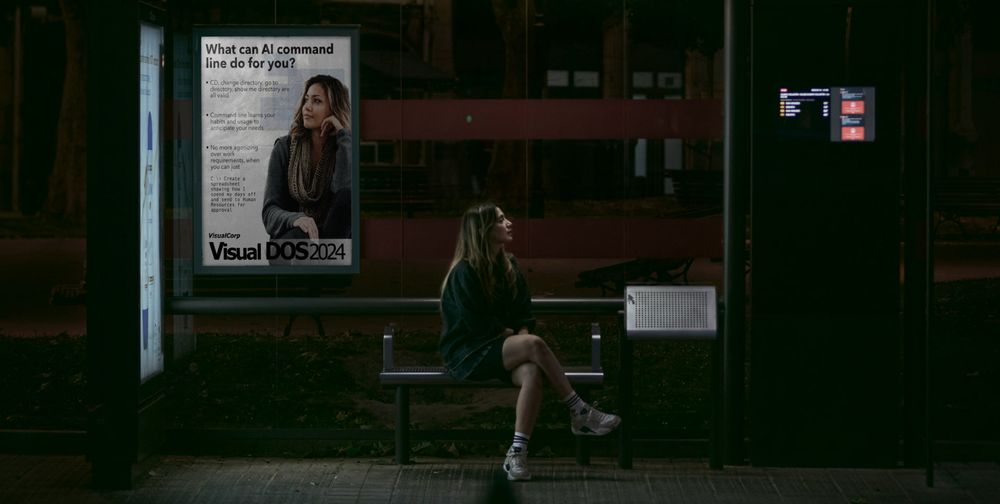 A blond woman in a green jacket and shorts sits in the dark at a bus stop bench. 
The bus stop wall has an ad for Visual DOS 2024 with the title: "What can AI Command Line do for you?" above a woman looking to the left.
It says: 

CD, change directory, go to directory, show me directory, are all valid commands

Command line learns your habits and usage to anticipate your needs

No more agonizing over work requirements, when you can just
 
C:\> Create a spreadsheet showing how I spend my days off and send to Human Resources for approval