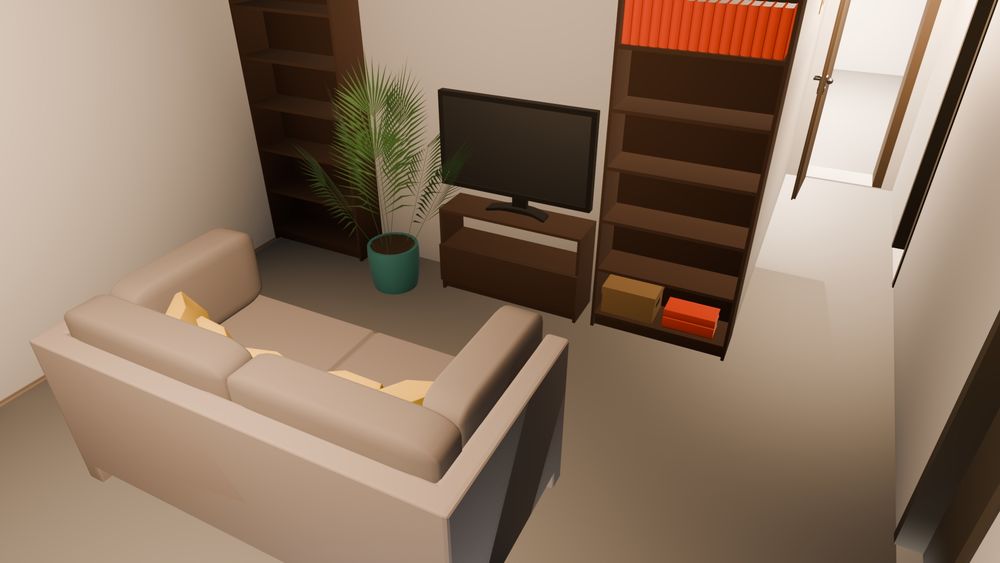 3D render of a living room with a couch, bookshelves, TV and a Parlour palm