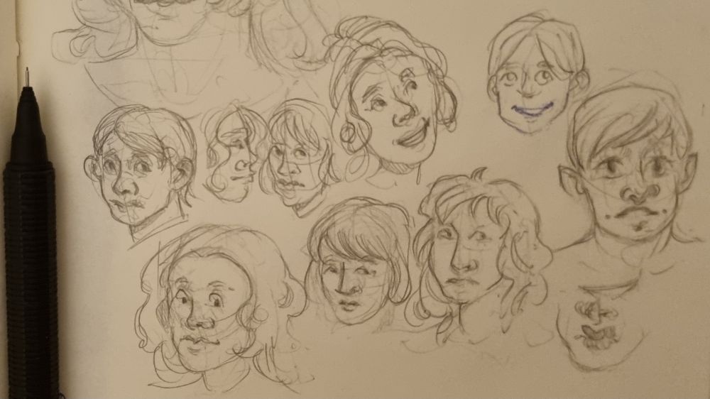 Part of a sketchbook page with tiny people portraits from imagination