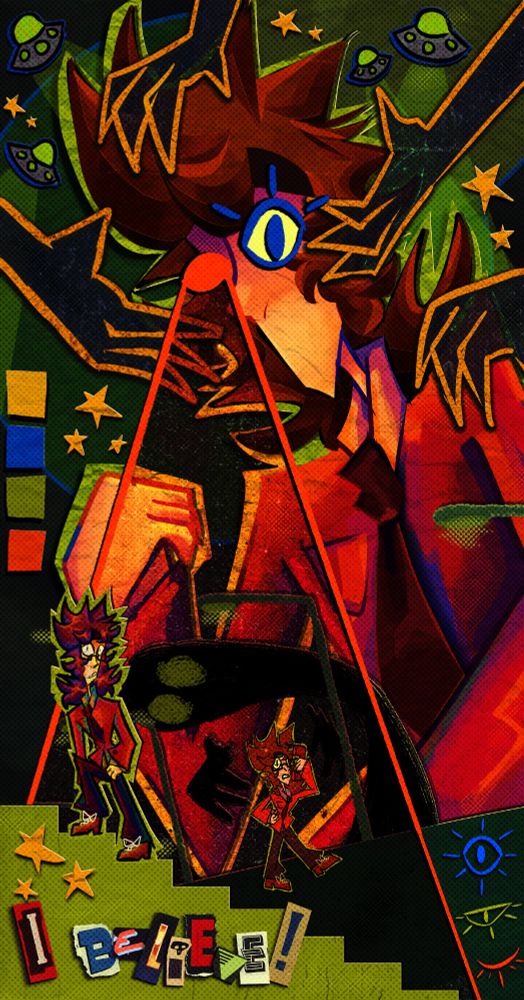 An abstract drawing of Ivan. One of his eyes is shooting a beam of orange light. The light hits a city street with another Ivan walking, along with a ghostly being hovering over him. In the foreground is a plight of stairs with another fullbody of Ivan walking on them, with “I Believe” written in ransom note letters on the left.