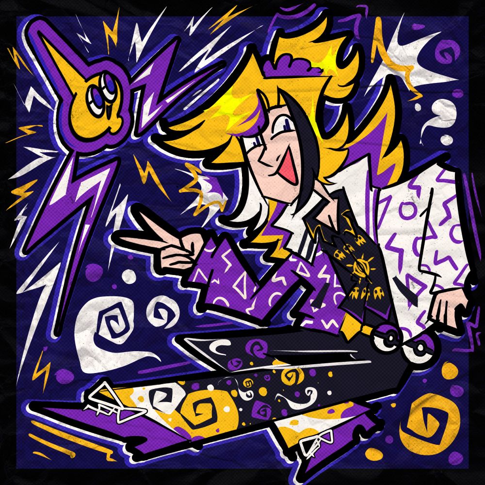 A drawing of my Trainersona Atari posing with their Rotom. Both are drawn using the colours of the Non Binary flag