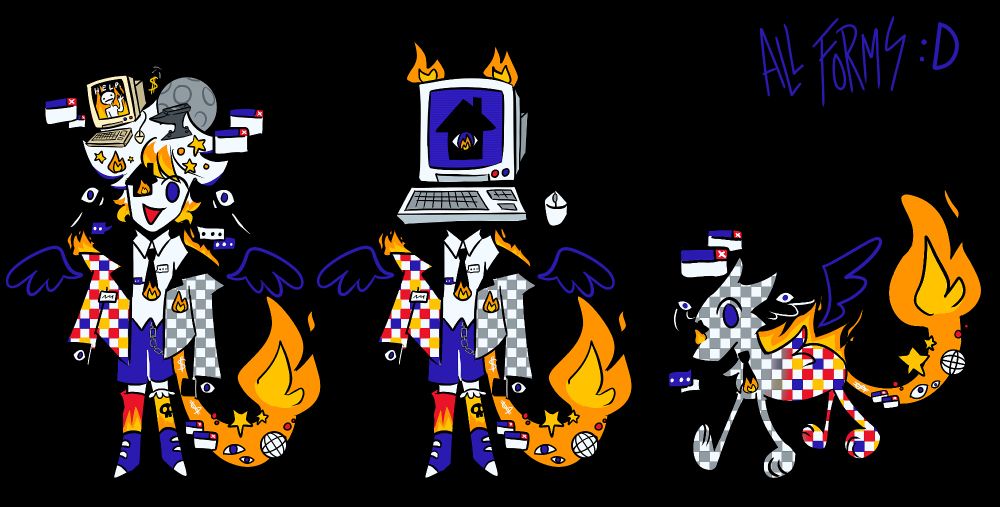 A lineup of all the character’s forms. One’s a human, another’s an object head (a computer) with the last one being a feral character