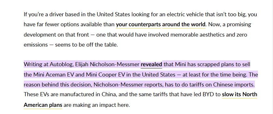 Excerpt from an auto website focused on a paragraph stating the reason why the electric mini won't be available in the US.