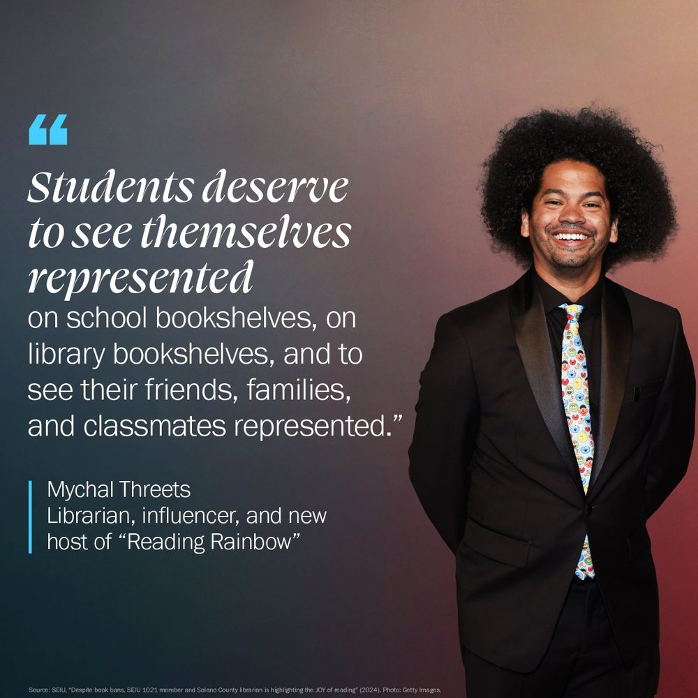 A portrait photo of Mychal Threets, the new host of "Reading Rainbow," smiling while wearing a black tuxedo and a tie patterned with colorful hearts. A large quote is overlaid on the image, reading: "Students deserve to see themselves represented on school bookshelves, on library bookshelves, and to see their friends, families, and classmates represented." The quote is attributed to Mychal Threets, Librarian, influencer, and new host of “Reading Rainbow”."