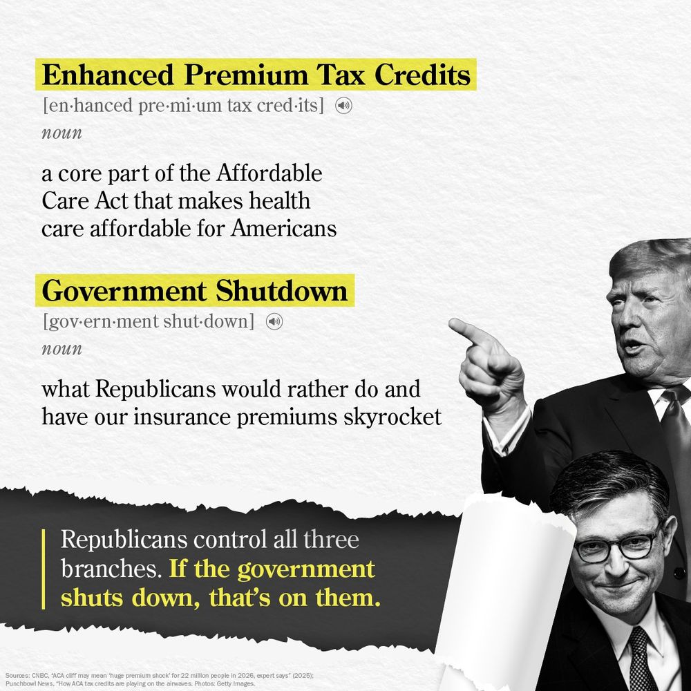A graphic defining two terms with an image of Donald Trump and Mike Johnson. The first definition is highlighted in yellow: "Enhanced Premium Tax Credits [en-hanced pre·mi·um tax cred·its] noun a core part of the Affordable Care Act that makes health care affordable for Americans". The second definition is highlighted in yellow: "Government Shutdown [gov·ern·ment shut·down] noun what Republicans would rather do and have our insurance premiums skyrocket". A white scroll shape at the bottom contains yellow text that reads: "Republicans control all three branches. If the government shuts down, that’s on them."