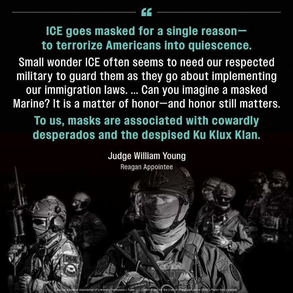 A photograph shows a group of uniformed and heavily armed ICE agents, with the central figure wearing a mask and helmet, looking forward. A large quote box is overlaid on the image with white text. The quote is from Judge William Young, a Reagan Appointee, and reads: "ICE goes masked for a single reason—to terrorize Americans into quiescence. Small wonder ICE often seems to need our respected military to guard them as they go about implementing our immigration laws. ... Can you imagine a masked Marine? It is a matter of honor—and honor still matters. To us, masks are associated with cowardly desperados and the despised Ku Klux Klan. Judge William Young, Reagan Appointee". The source is cited at the bottom.