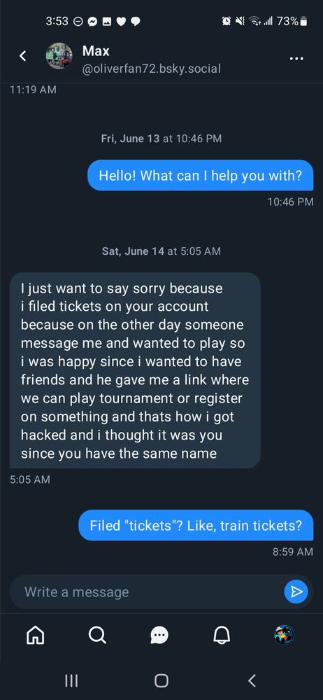 Screenshot of the hacked Bluesky account @/oliverfan72.bsky.social, which was comfirmed by their twitter to have been hacked, with the nearly the same identical plea about the accidental "filed tickets" on my account. 