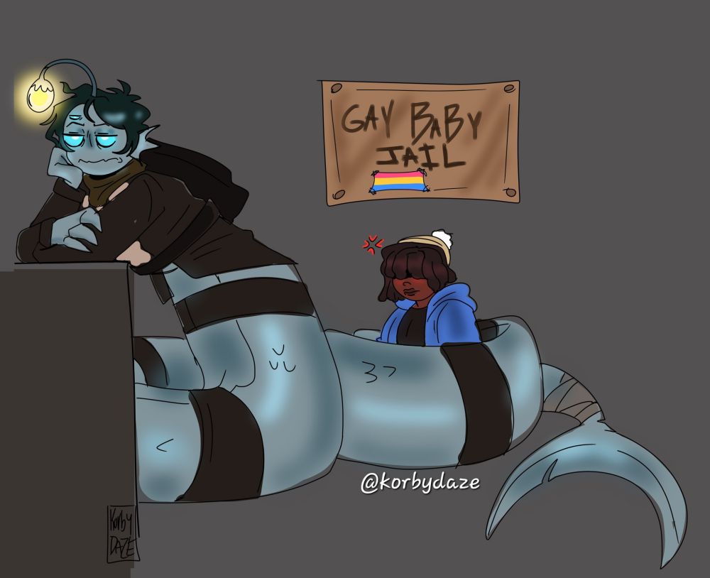 A digital art piece, drawn by @Korbydaze.bsky.social, of Sebastian Solace from the game "Roblox: PRESSURE", leaning over a counter top with an unamused expression. Wrapped up in his tail is my sona, grumpy and blushing, with a sign above my head reading "GAY BABY JAIL" next to a Pan flag.