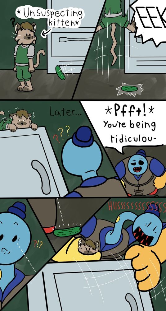 Digital comic featuring Ra (from @pshattuck.bsky.social and Doey (from Poppy Playtime). Ra, with the text "unsuspecting kitten" pointing to her, looks behind herself to see a cucumber being thrown onto the ground next to her. This scares her, as she shrieks "EEK" and jumps high onto the refrigerator. Later, Doey sees Ra trembling in fear on top of the refrigerator, and smuggly comments "pfft! You're being ridiculou-" before looking down and seeing the cucumber at his feet, scaring him into jumping on top of the fridge as well, holding onto an angry Ra and hissing down at the cucumber.