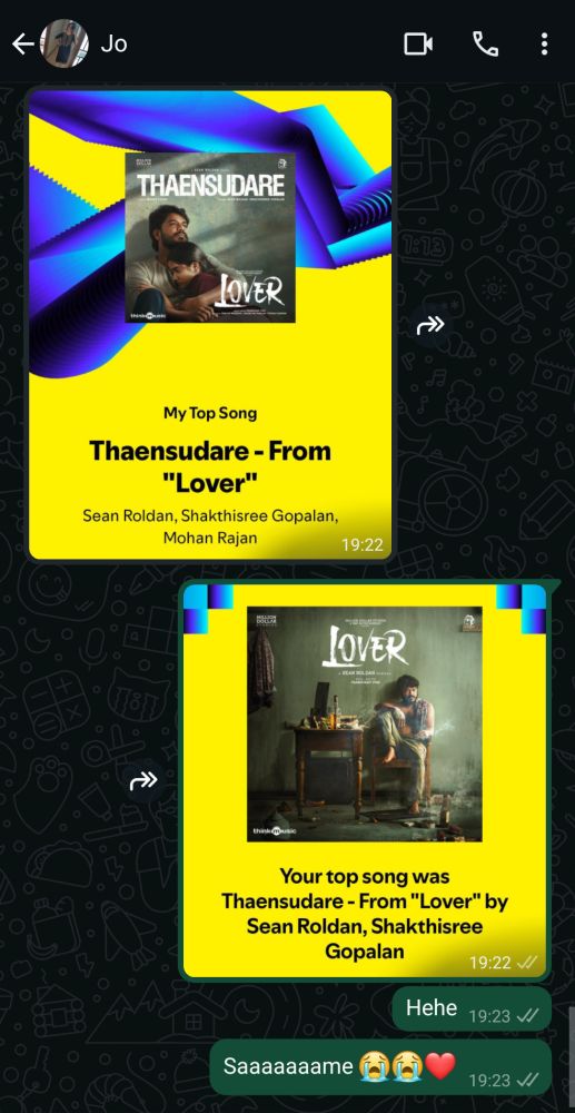 Jyothsna (issarumpum.bsky.social) and I having the same top song (Thaensudare from Lover) in this year's Spotify wrapped. 