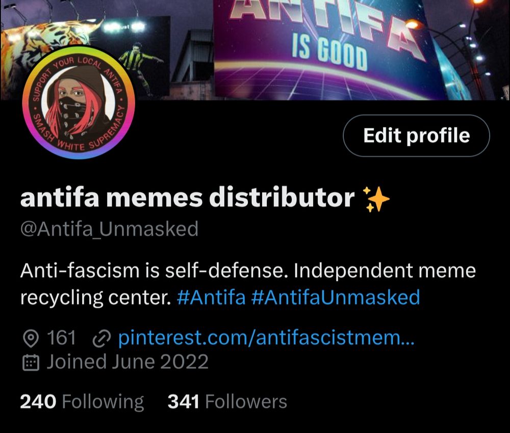 Screenshot of the Antifa_Unmasked account from Twitter, with the Edit Profile button visible