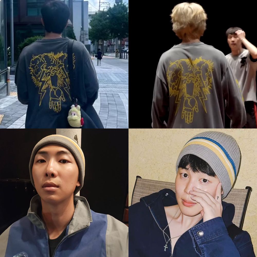 four photos of namjoon and jimin wearing each others clothes (because they're boyfriends)

top photos: grey shirt with yellow image on the back.

bottom photos: grey beanie with yellow and blue stripes across the bottom half.
