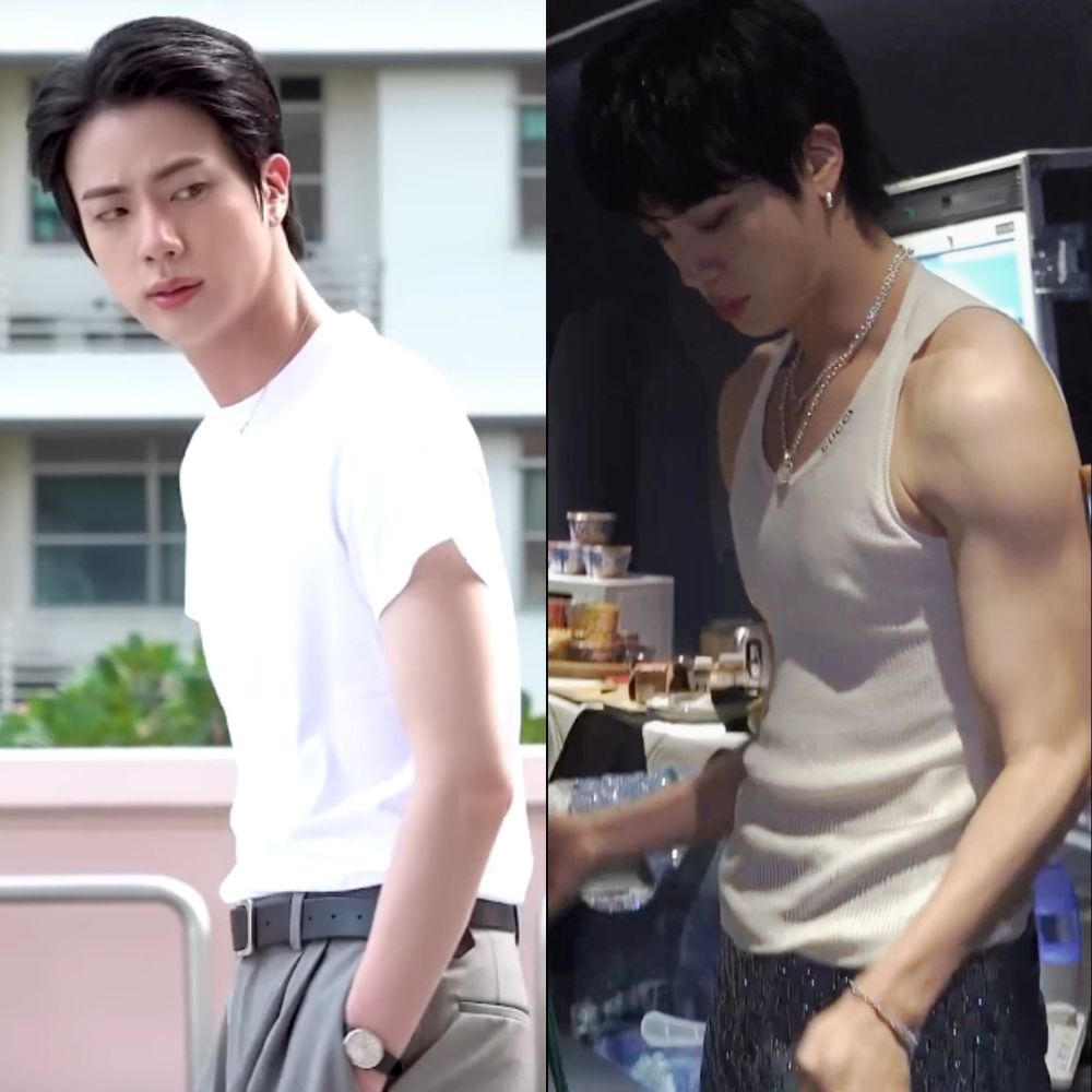 side by side comparison of jin and his arms. 

left side: slim biceps 
right side: huge, large, he could choke you with then and you could squish his big pecs together and suffocate yourself if you wanted 