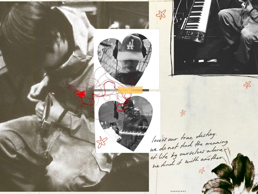 edited photos from hobi’s photo dump on instagram: hobi selfie, namjoon in the studio, yoongi in the studio playing guitar. 

the background: a yellow with black scuffs texture

text: love is our true destiny. we do not find the meaning of life by ourselves alone we find it with another 

etc: red string of fate on yoongi’s heart connecting to the heart photos/frames of namjoon and hobi (because they are soulmates), yellow tape, brown flowers, scribbles, black flower in the corner