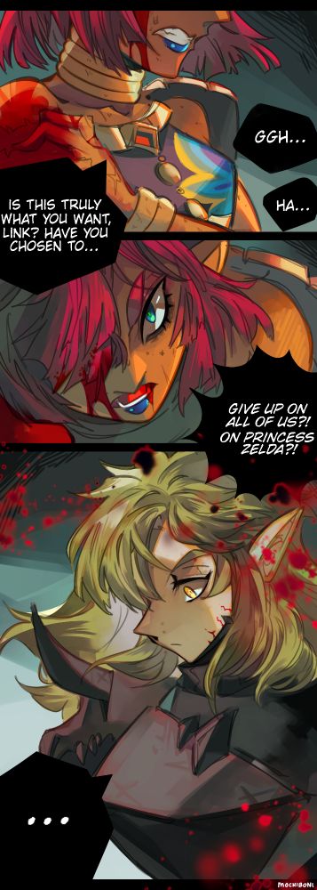 Comic of corrupted gloom Link ready to strike down Riju as the Gerudo women tells Link if he wants to give up on everyone