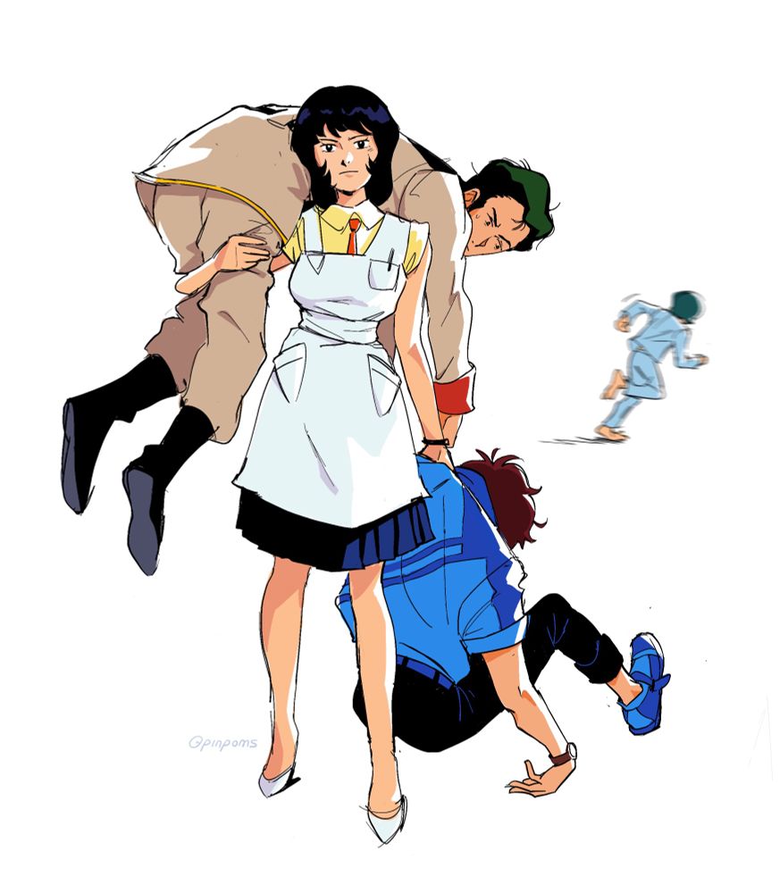 Fan art of Fa Yuiry (very cool and strong) fireman carrying Bright Noa in one hand and holding the scruff of Judau Ashta’s shirt with the other. Kamille is in the background in his hospital pajamas running away.  