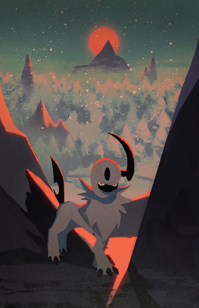 Absol standing atop a mountain against a backdrop of snowy trees. The moon is casting red light.