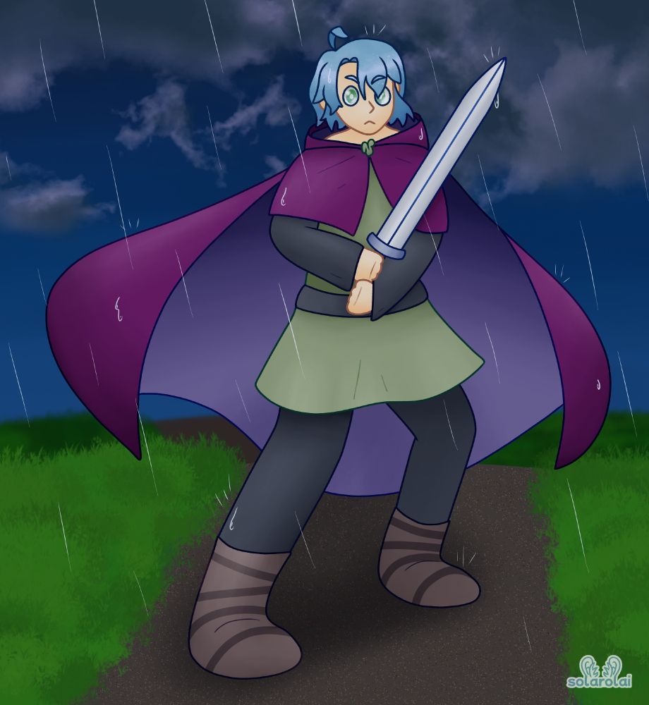 digital art of a human with light blue hair wearing a green tunic and purple cloak. they're stood in the middle of a dirt path, wielding a sword, ready to defend. the sky is dark and it's raining