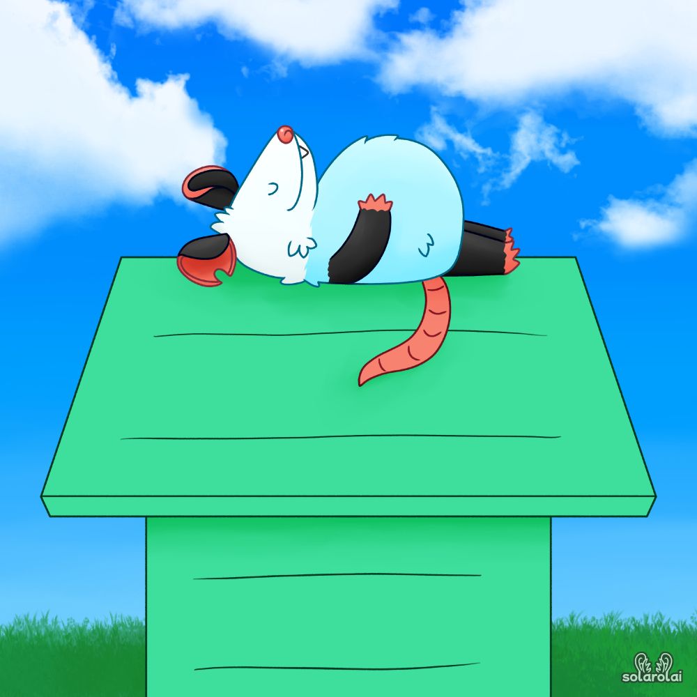 digital art of a possum character laying on top of a green doghouse with their eyes closed, relaxing. the sky is bright blue with fluffy clouds