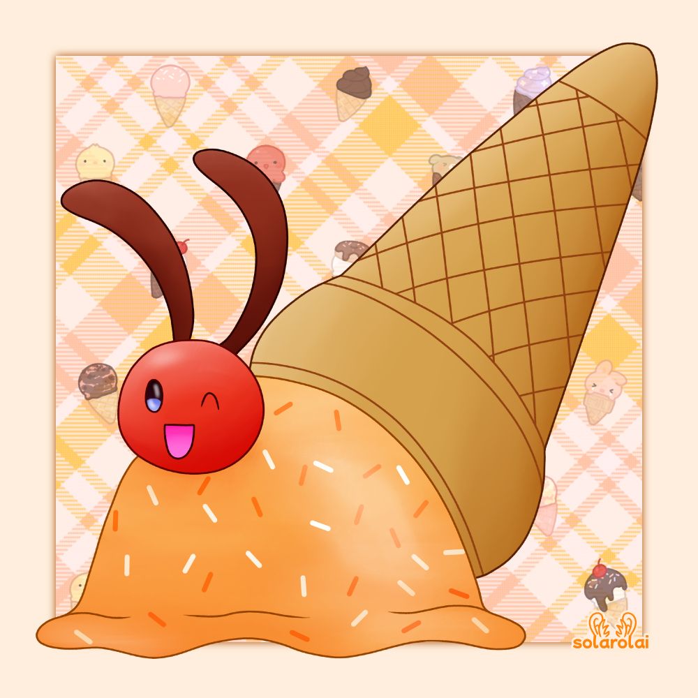 digital art of a snail made out of orange coloured ice cream with orange and white sprinkles. they have an ice cream cone as a shell, and their face is on a cherry stuck in the ice cream. the background is a warm plaid pattern with cute ice cream designs