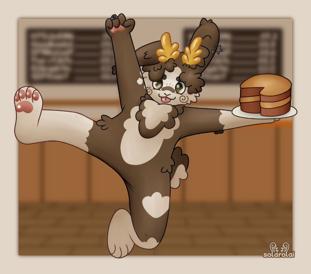 digital art of a brown anthro angora bunny with golden antlers, mid jump in a dynamic pose. they're sticking their tongue out and holding a coffee cake on a plate with one hand. the background shows a café counter and menus