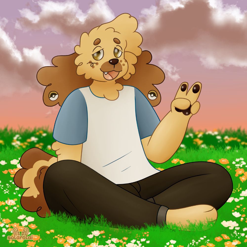 digital art of a fluffy light brown anthro poodle mutt sitting amongst orange/white flowers with their legs crossed. they're doing a peace sign with their hand. the sky is a light pink/orange with fluffy clouds