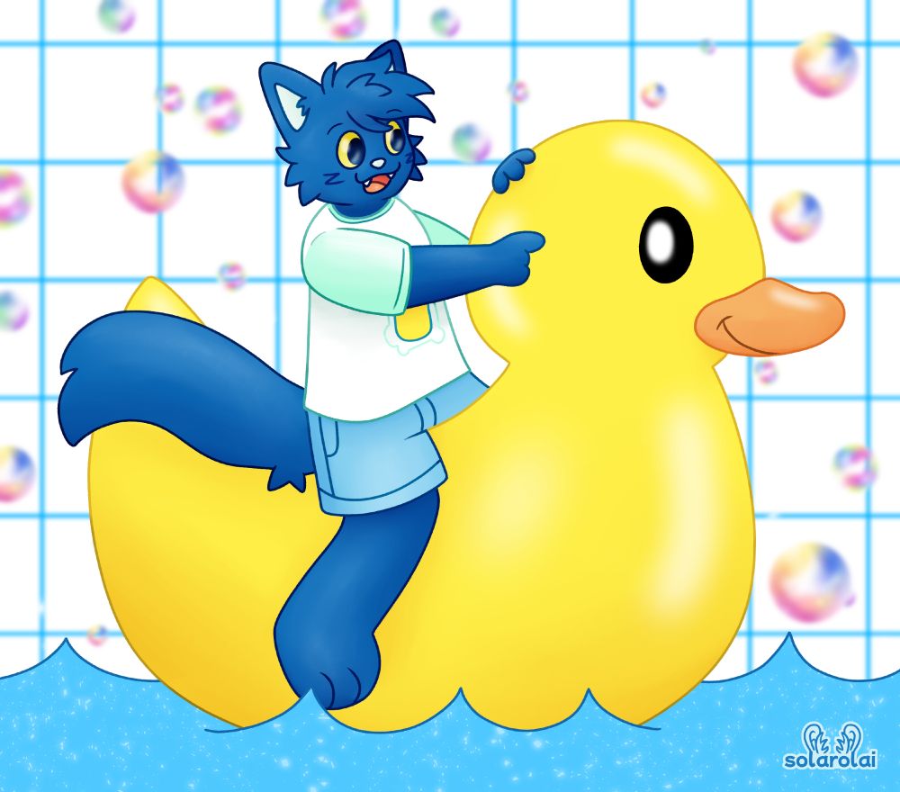 digital art of a blue anthro cat wearing a white tshirt and blue shorts, sitting on top of a giant rubber duck that's floating in water