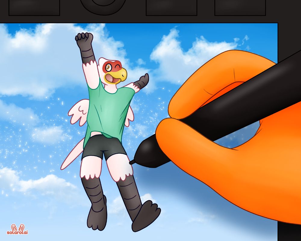 digital art of a white anthro bird with red face markings and a yellow beak wearing a green tshirt and black shorts. he's jumping against a cloudy sky background. an orange hand is holding a tablet pen and some buttons can be seen at the top of the image, implying the bird character and the scene is being drawn on a graphics tablet