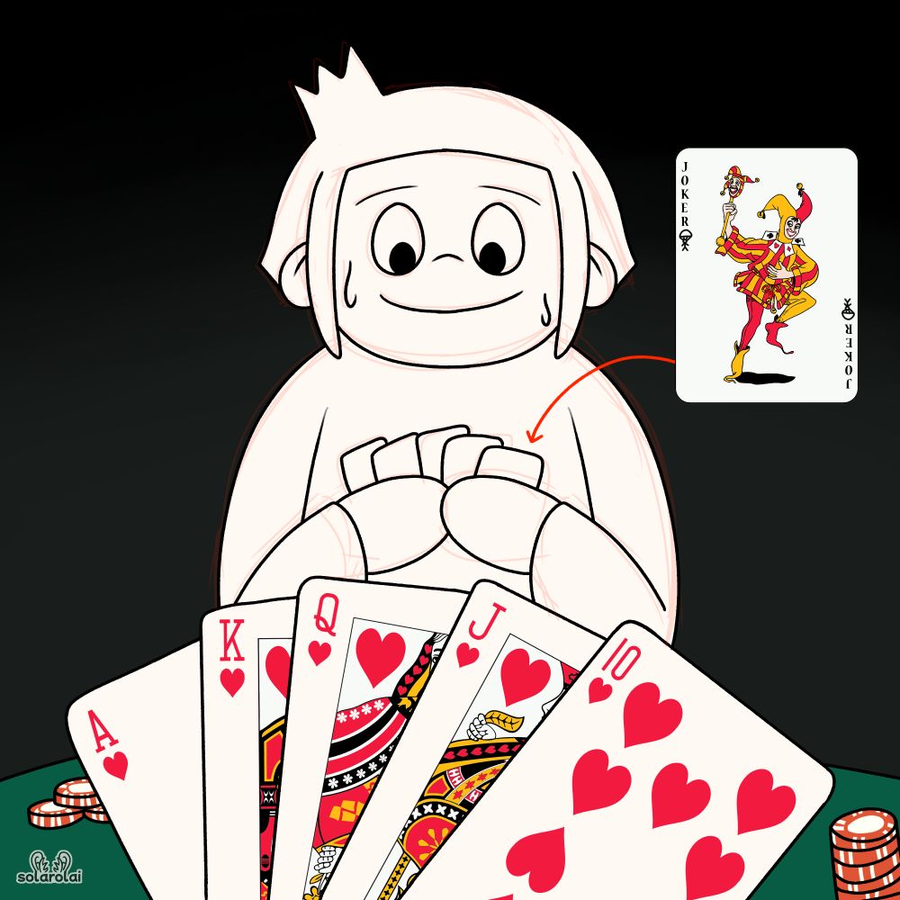 digital art of a poker scene, holding an ace, king, queen, jack and 10 of hearts. the character on the other side of the table is sweating and looking down at their hand, as it's revealed they have a joker. the character is not coloured in, and red sketch lines are visible