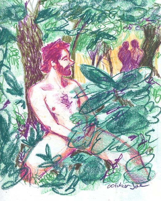 sketch of a nude man in the woods leaning up against a tree,  masturbating while he watches another gay couple in the distance. #queerart #eroticart #forestfetish #octoberjoeart