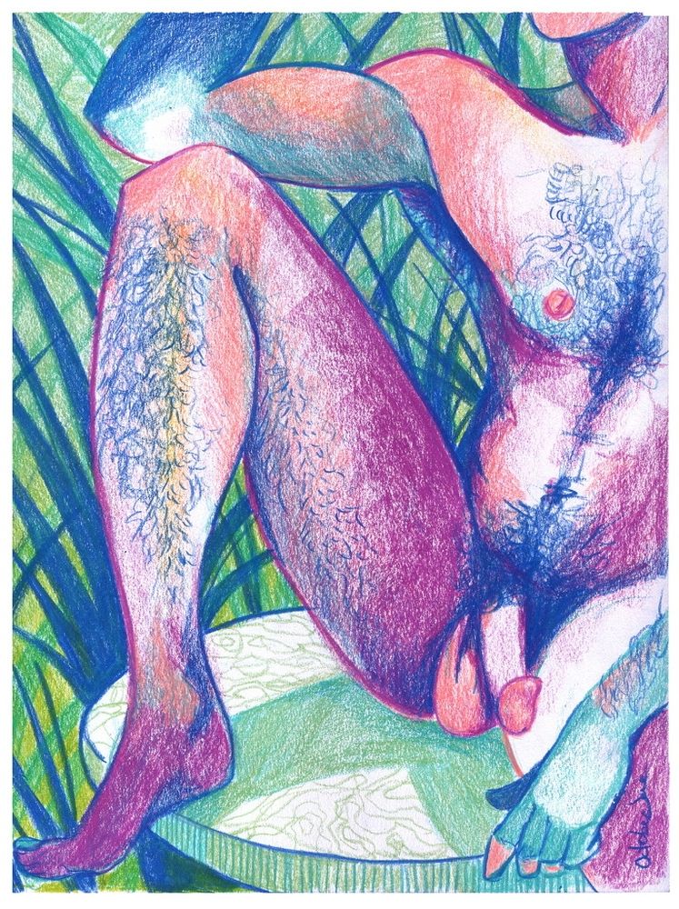 colored pencil drawing of a nude man sitting in a garden, one leg propped up, soft cock hanging to the right. #softcocksaturday #FCF #queerart #figuredrawing #gayart #octoberjoeart