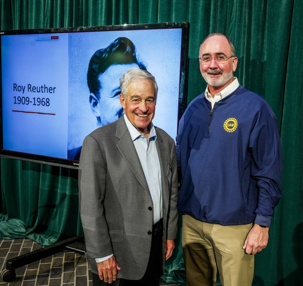 Photo of Alan Reuther, son of UAW pioneer Roy Reuther, and UAW President Shawn Fain during an event at the Walter P. Reuther Library discussing Alan's new book: "Roy Reuther and the UAW: Fighting for Workers and Civil Rights." March 27, 2025.