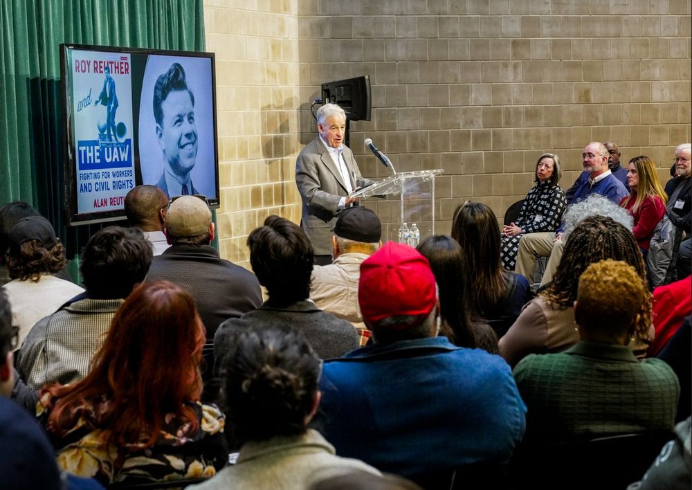 Photo of Alan Reuther speaking during an event at the Walter P. Reuther Library discussing his new book: "Roy Reuther and the UAW: Fighting for Workers and Civil Rights." March 27, 2025. 