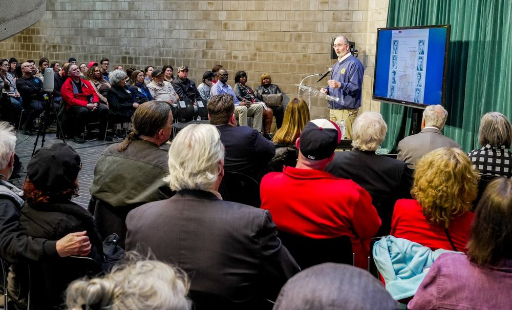 Photo of UAW President Shawn Fain speaking during an event at the Walter P. Reuther Library discussing Alan Reuther's new book: "Roy Reuther and the UAW: Fighting for Workers and Civil Rights." March 27, 2025. 