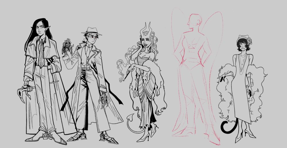 Our D&D party in 20's style fashion from left to right: 
Emerald has a cat ear flapper hat, dress, a big fur throw, and a catlike smile. 
Katanya is still just a sketch but stands tall and proud in a suit with her angelic wings folded behind her. 
Niki is a tiefling with a tight mermaid cut dress covered in pearls, she wears a fur drape made from two long foxes, she has a cigarette holder in hand and a sultry smile. 
Ikya wears a suit with baggy pants, a tight vest, a wide tie, a pocket watch, a fedora, and a trench coat, his arms are long with sharp metal armor, he also has pointed armored shoes, and in one hand he holds a small monster's skeleton.
Ambroise is a tall vampire with long back hair and a bird skull cane which he holds in an armored prosthetic hand, he also wears pointy dress shoes with a spiderweb motif, a spiderweb tie, a tailored suit with a vest, and a jacket with a cape and dramatic capelet.