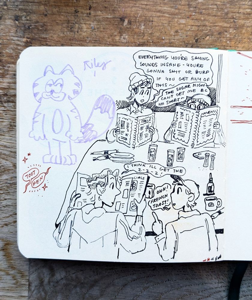 Aviva, Riley, Connor, and Bridget together at a diner overhearing each other's comments and orders, black ink on paper, a doodle of Riley's attempt of Garfield in purple marker 