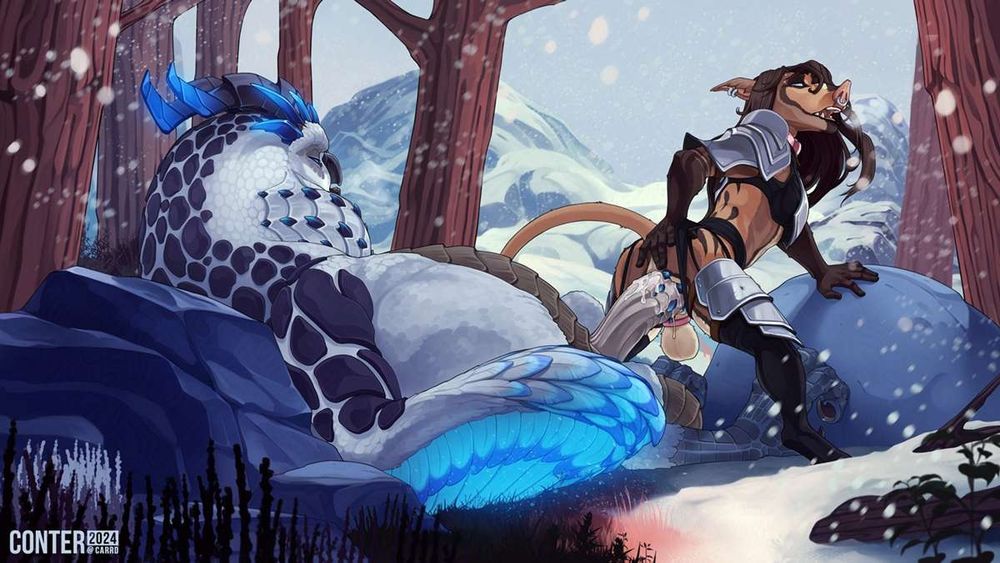 An anthro boar riding the dick of the giant blue owl mount from WOW backwards. The boar is wearing some skimpy armor as well as some leggings and a bra. They are in a snow-covered forest with rocks and some plant life.