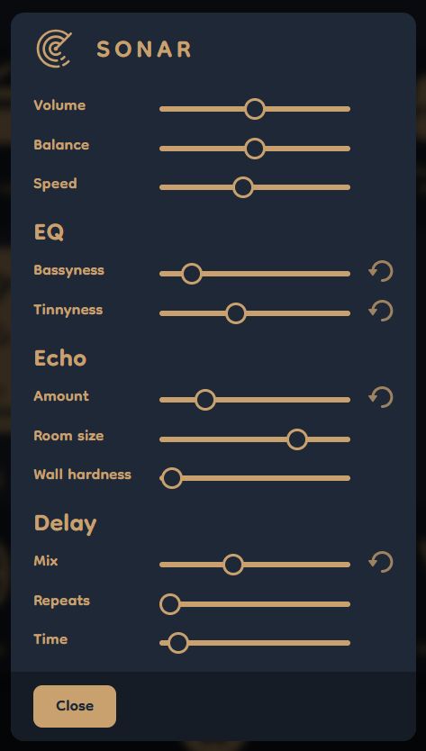 Blue modal popover titled Sonar with golden text and controls, with sliders for volume, balance, speed, bassyness, tinnyness, echo amount, room size, wall hardness, delay mix, repeats and time