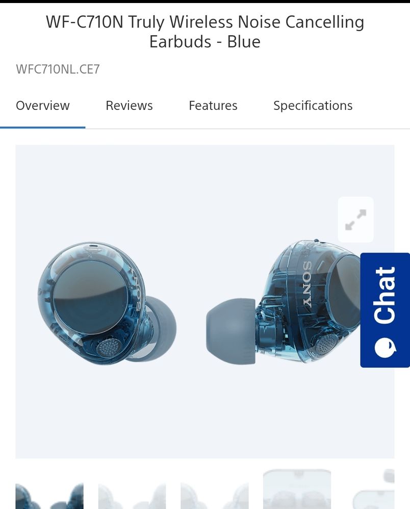 A pair of Sony WF-C710N wireless earbuds. The shell is a translucent deep blue