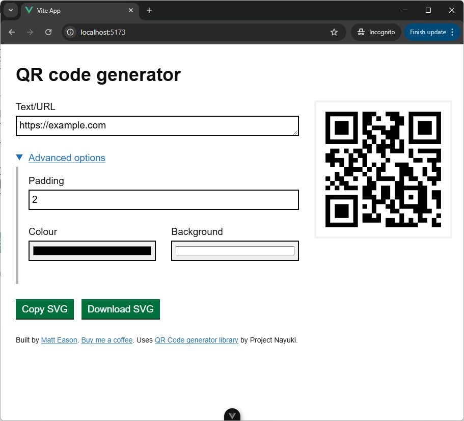 A simple QR code generator web app with fields for text/url, padding, colour and background and copy svg or download SVG buttons and a live preview of the QR code