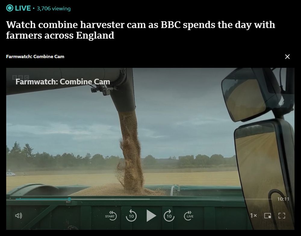 "Watch combine harvester cam as BBC spends the day with farmers across England" headline with video below showing grain being funelled from a combine harvester into a vehicle alongside it
